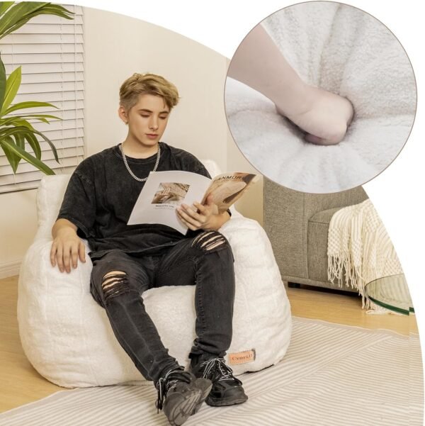 Bean Bag Chair with Filler, Bean Bag Sofa with Tufted Soft Stuffed Filling, Fluffy and Lazy Sofa, Comfy Cozy BeanBag Chairs with Memory Foam for Dorm, Apartment, Living Room (White) - Image 5