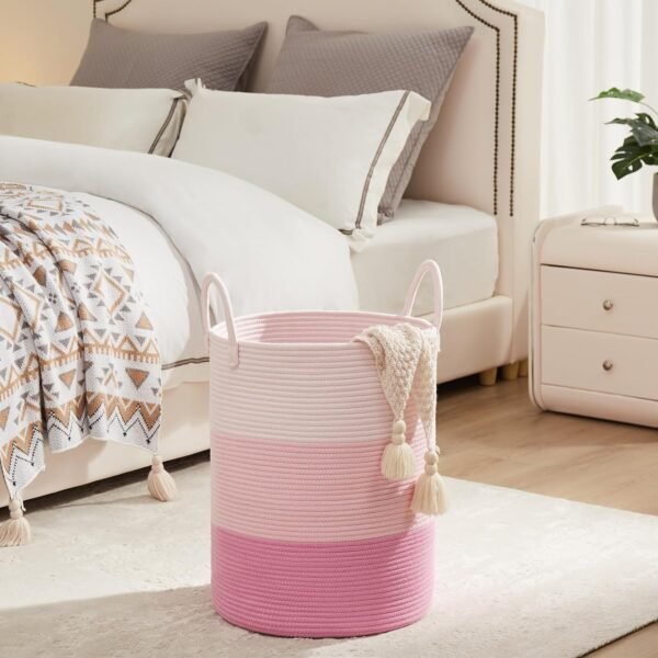 Cotton Rope Laundry Hamper by Fiona's magic, Tall Woven Laundry Basket Storage, Baby Nursery Hamper for Blankets, Toys and Clothes Hamper for Bedroom and Living Room Organizing, 58L, Pink - Image 4
