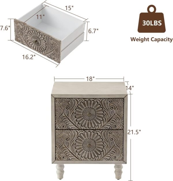 COSIEST Nightstand, 14" D x 18" W x 21.5" H MDF End Table with 2 Drawers, Vintage Style Wood Bedside Table, Bedroom Accessories for Home, Office, College Dorm - Image 2