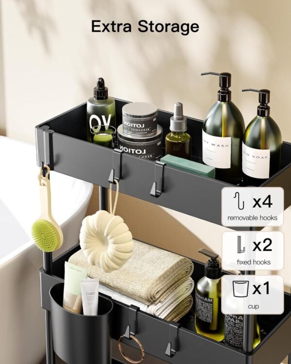 Pipishell Slim Storage Cart with Wheels, Bathroom Cart Organizer Bathroom Storage Small, Rolling Cart for Bathroom, Laundry Room, Kitchen, Narrow Space, Black PIUC04 - Image 2