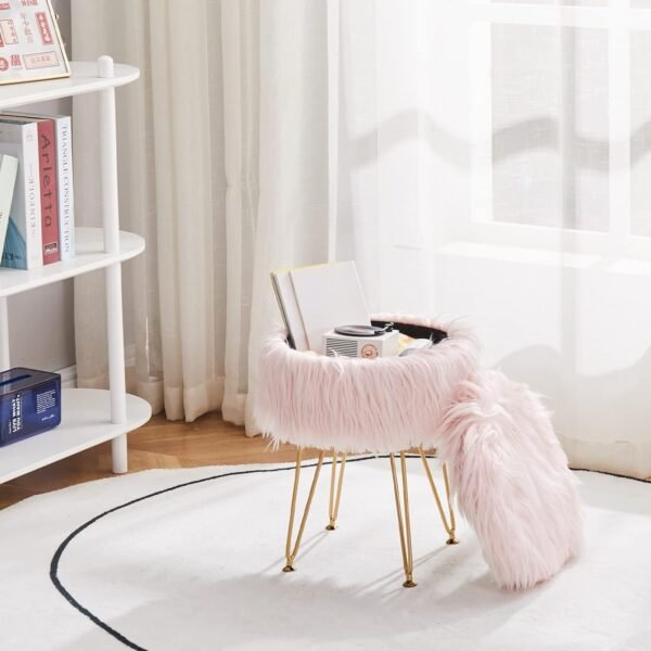 Mxfurhawa Faux Fur Storage Ottoman Round Furry Vanity Stool Marble Grain Tray Coffee Table Compact Footrest Stool with 4 Metal Legs Soft Makeup Seat Foot Stools for Living Room Bedroom Entryway Pink - Image 7