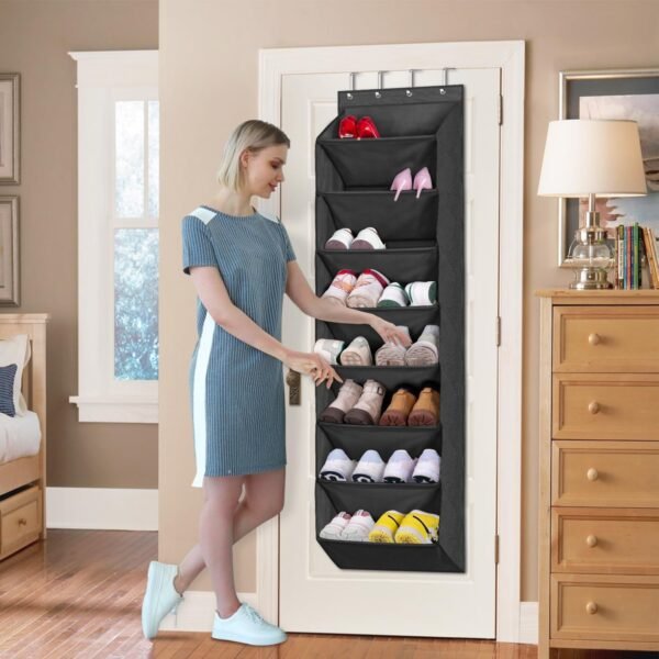KEETDY Shoe Rack for Door Behind with 8 Large Pockets, Hanging Shoe Organizer for Closet Hanger Fits 20 Pairs Shoe Holder for Back of Door Narrow Shoe Storage, Black… - Image 7