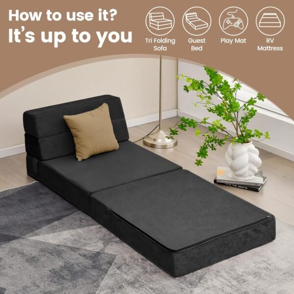 Giantex Convertible Sofa Bed, Floor Couch Sleeper, Folding Futon Guest Bed, Modern Chaise Lounge Upholstered Padded Cushion, Large Accent Chair Living Room Bedroom Black - Image 9