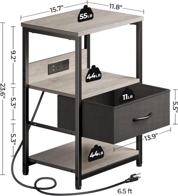 Seventable Nightstand with Charging Station, LED Bedside Table with Adjustable Fabric Drawer, Night Stand with Storage, 3-Tier Bed Side Table, End Table for Bedroom, Living Room, Greige - Image 3