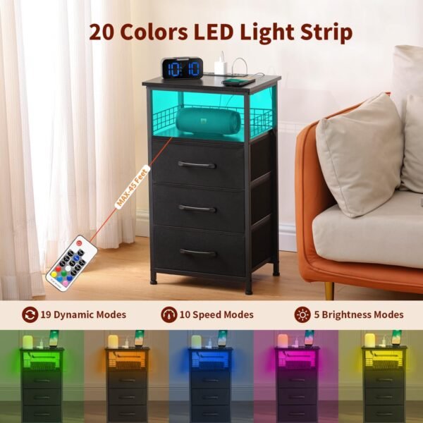 Night Stand Set 2 with Charging Station, Nightstands Set of 2 with 20 Colors LED Light Strip 3 Drawers, Side Tables Bedroom End Table with USB ports and Outlets for Living Room, Office (Black) - Image 5