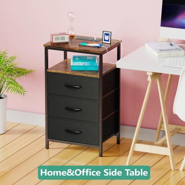Nightstand with Charging Station, Bedside Table LED Night Stand with USB Ports and Outlets, End Table with 3 Fabric Drawers and Storage Shelf, Night Stands for Bedroom (Black&Brown) - Image 6