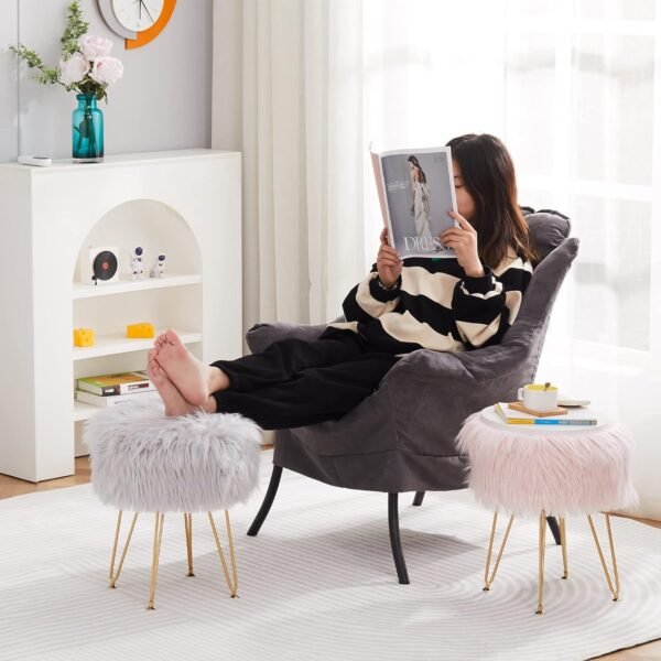 Mxfurhawa Faux Fur Storage Ottoman Round Furry Vanity Stool Marble Grain Tray Coffee Table Compact Footrest Stool with 4 Metal Legs Soft Makeup Seat Foot Stools for Living Room Bedroom Entryway Pink - Image 4