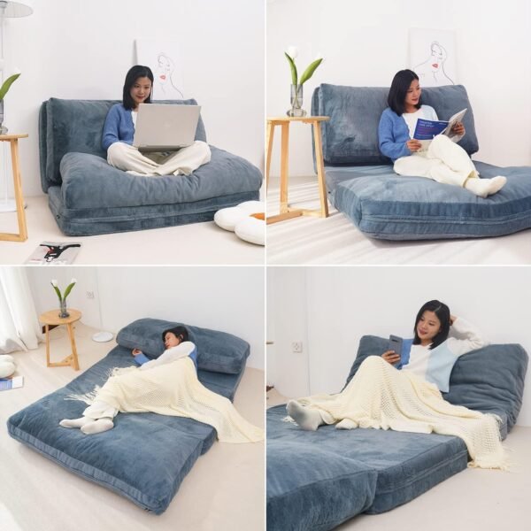 N&V Medium Folding Matress Sofa Bean Bag Bed, Foam Filling Folding Matress Sofa, Includes Removable and Machine Washable Cover, Soft Premium Faux Fur, Medium, Blue - Image 5