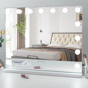 Hollywood Vanity Mirror with 15 LED Lights, Touch Control, 10x Magnification, Detachable, 3 Color Modes, Magnetic Mount, White