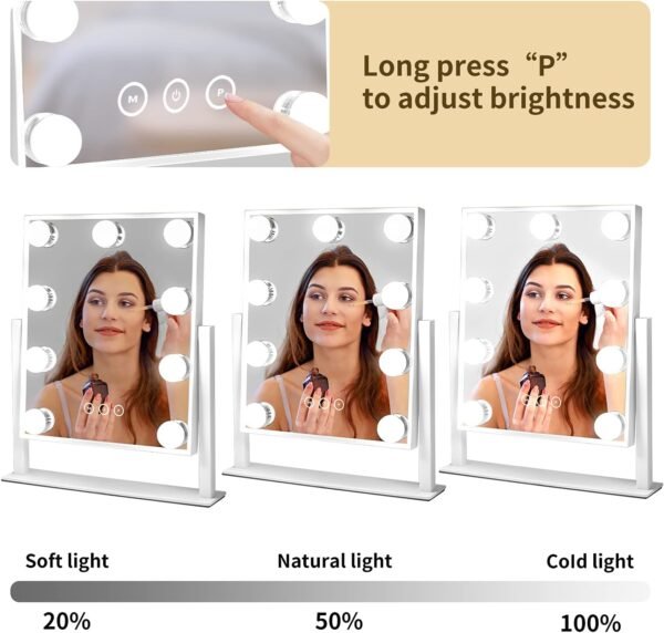 Vanity Mirror with Lights, Makeup Mirror with Lights,3 Color Lighting Modes Detachable 10X Magnification Mirror Touch Control,360°Rotation, White. - Image 3