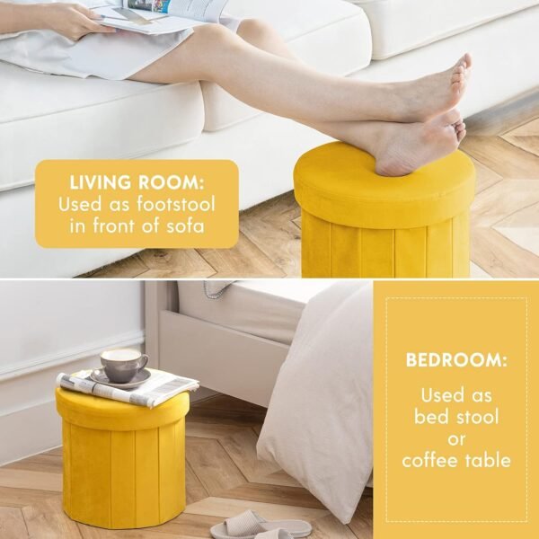 Phantoscope Storage Ottoman Round15 Inch, Velvet Folding Storage Boxes Footrest Foot Ottoman Toy Box, Padded Seat for Dorm Living Room Bedroom, Support 220lbs Yellow - Image 3