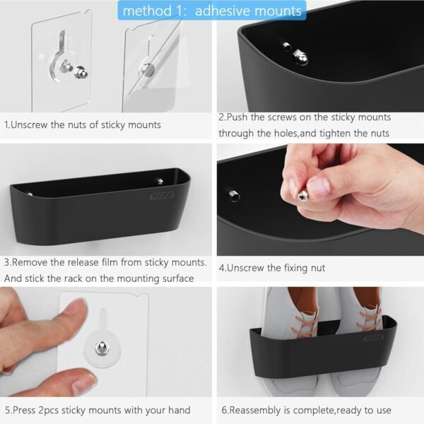 Wall Mounted Shoes Rack 4Pack with Sticky Hanging Strips, Plastic Shoes Holder Storage Organizer,Door Shoe Hangers (SM03-Black-4) - Image 4