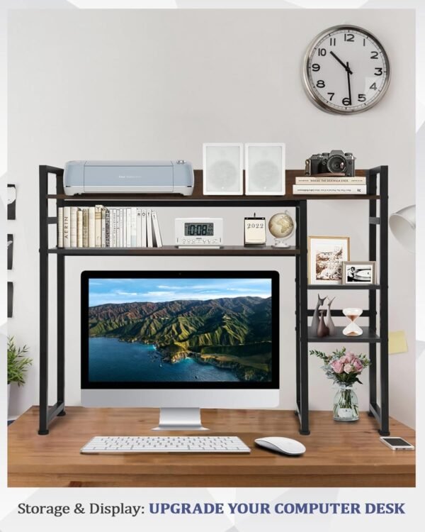 Desktop Bookshelf, 2-Tier Multipurpose Wood Bookcase for Computer Desk, Countertop Storage Hutch Display Rack Organizer for Dorm Office Home - Brown - Image 3