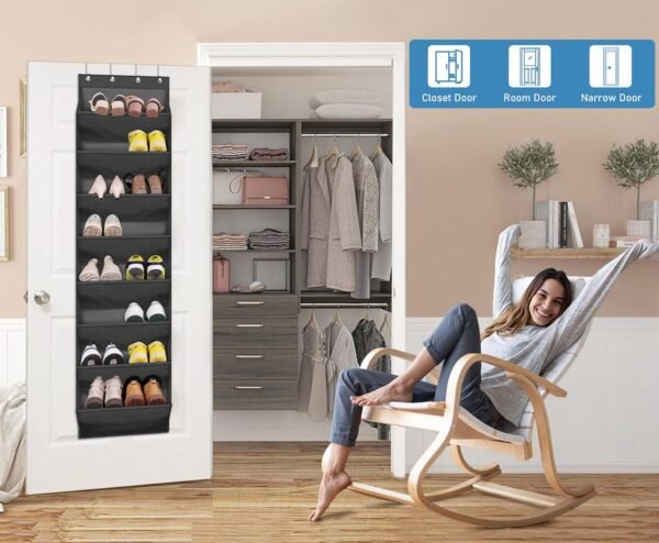 KEETDY Shoe Rack for Door Behind with 8 Large Pockets, Hanging Shoe Organizer for Closet Hanger Fits 20 Pairs Shoe Holder for Back of Door Narrow Shoe Storage, Black… - Image 3
