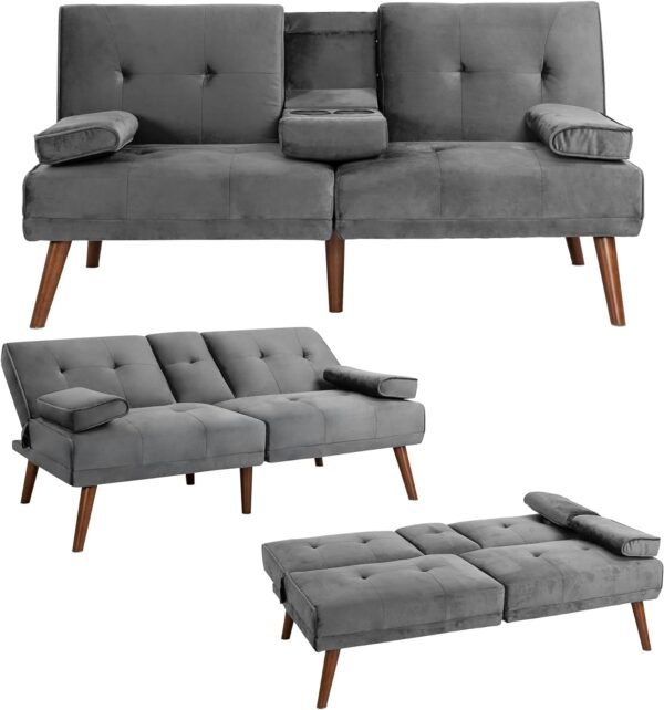Meilocar Sofa Bed Velvet, 60" Loveseat Futon Sofa Bed with Removable Armrests, Adjustable Recliner Guest Bed Daybed Sofa for Small Space, Cup Holders, 3 Angles, Gray - Image 7