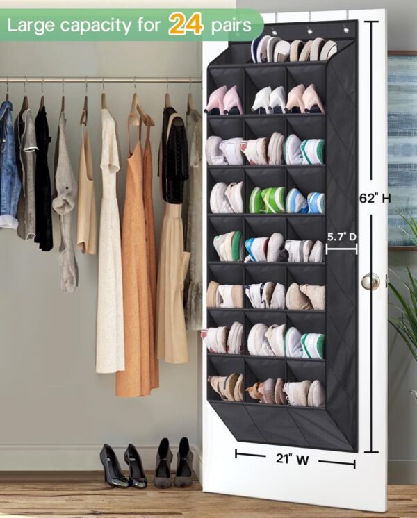 AOODA 24 Pairs Over the Door Shoe Organizer for Closet, Deep Pockets Large Hanging Shoe Rack for Door, 8-Tier Shoe Holder Hanger Shoe Storage Organizer, Black - Image 2