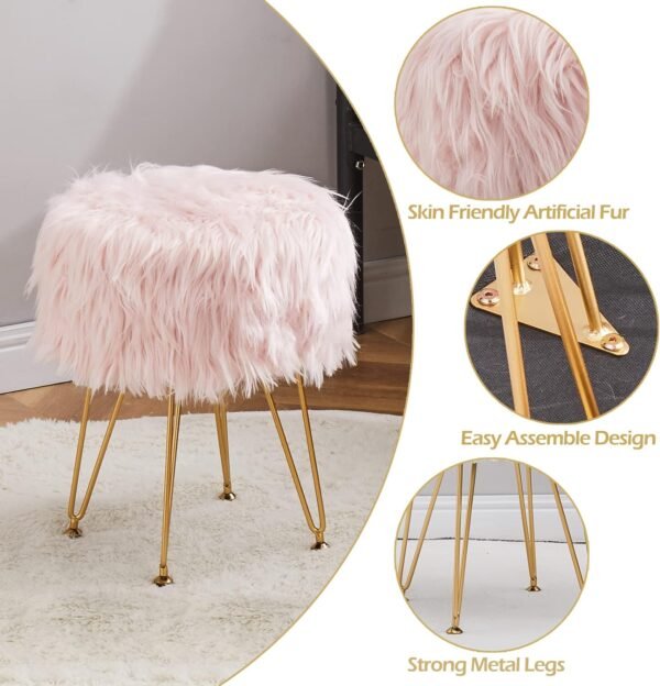 Mxfurhawa Faux Fur Storage Ottoman Round Furry Vanity Stool Marble Grain Tray Coffee Table Compact Footrest Stool with 4 Metal Legs Soft Makeup Seat Foot Stools for Living Room Bedroom Entryway Pink - Image 5
