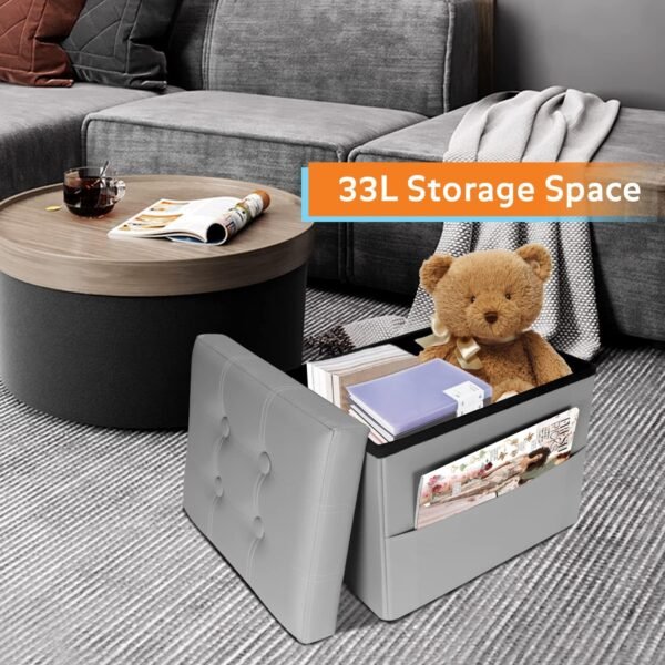 FujDun® Folding Storage Ottoman Foot Rest Footstool with Side Pocket,Foot Rest for Couch, Leather Ottoman Seat for Living Room Bedroom or Dorm,Padded with Thick Sponge,16X12X12in Grey - Image 3