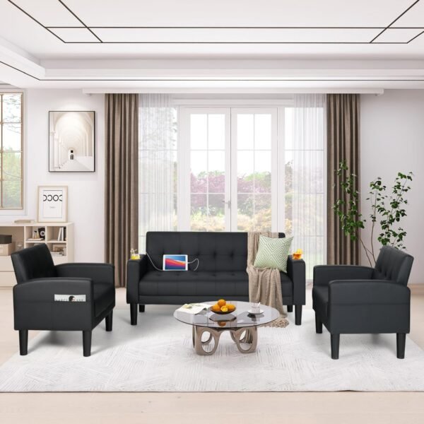 AILEEKISS 3 Piece Living Room Sofa Set 62" Loveseat Sofas Sets with 2 USB,Cup Holders,Side Pocket,Modern Leather 3 Pcs Sectional Couches Set for Apartment,Office,Bedroom (Black, 2-Seat+1-Seat+1-Seat) - Image 5