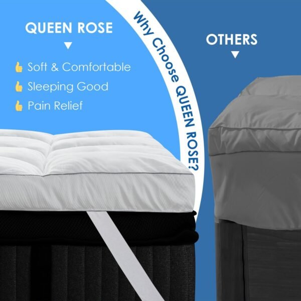 QUEEN ROSE Mattress Topper Queen, Extra Thick Mattress Pad Pillowtop for Back Pain Relief, Soft Bed Cover for Firm Mattress, Plush Overfilled Down Alternative Mattress Protector White - Image 4