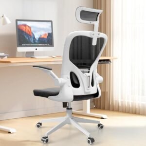 Ergonomic Office Chair, High Back Mesh Computer Desk Chair with Flip-up Arms, Adjustable Lumbar Support & Headrest, Swivel Rolling Task Chair for Home Office, Bedroom, Study, College Dorm（White&Black