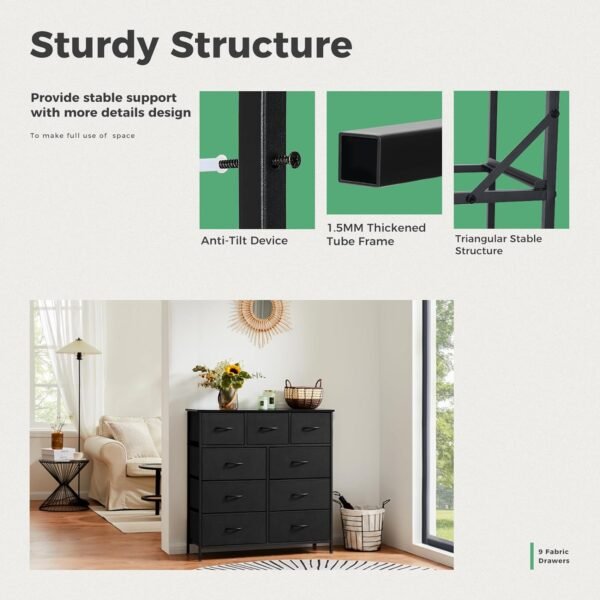 ANTONIA Dresser for Bedroom with 9 Fabric Drawers, Tall Chest Organizer Units for Clothing, Closet, Kidsroom, Storage Tower with Cabinet, Metal Frame, Wooden Top, Lightweight Nursery Furniture, Black - Image 7