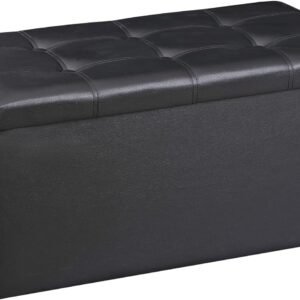 SUPER DEAL Leather Storage Ottoman Bench 30 Inches Folding Footrest with Padded Seat Large Toy Sotrage Chest Long Box for Livingroom Bedroom Entryway, 30″x15″x15″, Black