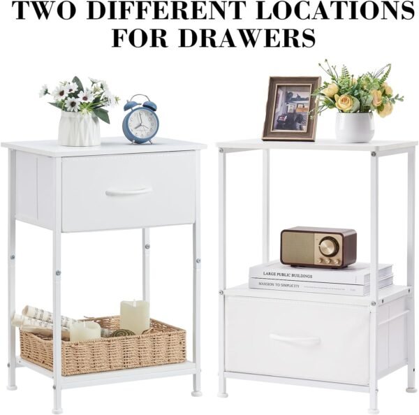 Somdot Nightstand Set of 2, Bedside Table End Table for Bedroom Dorm Nursery Living Room - Removable Fabric Drawer, Open Storage Shelf, Sturdy Steel Frame, Durable Wood Top - White Leather - Image 7