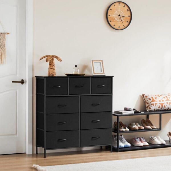 ANTONIA Dresser for Bedroom with 9 Fabric Drawers, Tall Chest Organizer Units for Clothing, Closet, Kidsroom, Storage Tower with Cabinet, Metal Frame, Wooden Top, Lightweight Nursery Furniture, Black - Image 8