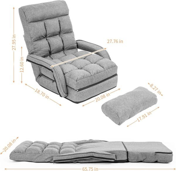 WAYTRIM Indoor Chaise Lounge Folding Sofa Bed, 6-Position Padded Lounger With Armrests and Pillow - Gray - Image 2