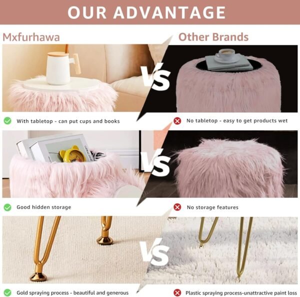 Mxfurhawa Faux Fur Storage Ottoman Round Furry Vanity Stool Marble Grain Tray Coffee Table Compact Footrest Stool with 4 Metal Legs Soft Makeup Seat Foot Stools for Living Room Bedroom Entryway Pink - Image 6