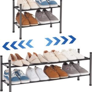 STORAGE MANIAC Expandable Shoe Rack, Stackable Shoe Rack for Closet, Small Shoe Rack Organizer for Entryway, Adjustable Shoe Rack for Garage, Shoe Rack for Front Door, Metal Shoe Rack, Black 2 Tier