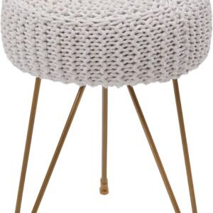 Round Boho Pouf Stool Ottoman, Hand Knitted Pouffe, Cotton Braided Cord Seat with Gold Metal Legs, Home Decor Foot Rest for Living Room, Bedroom (Beige)