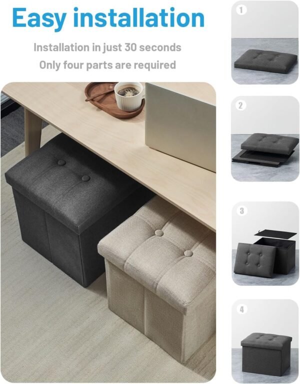 AmasSmile® Storage Ottoman Folding Foot Rest Stool, 17 inch Linen Footstool Bench, Short Ottoman Bench, Storage Foot Rest Store, Books, Records Support 330 lbs,Dark Grey - Image 5