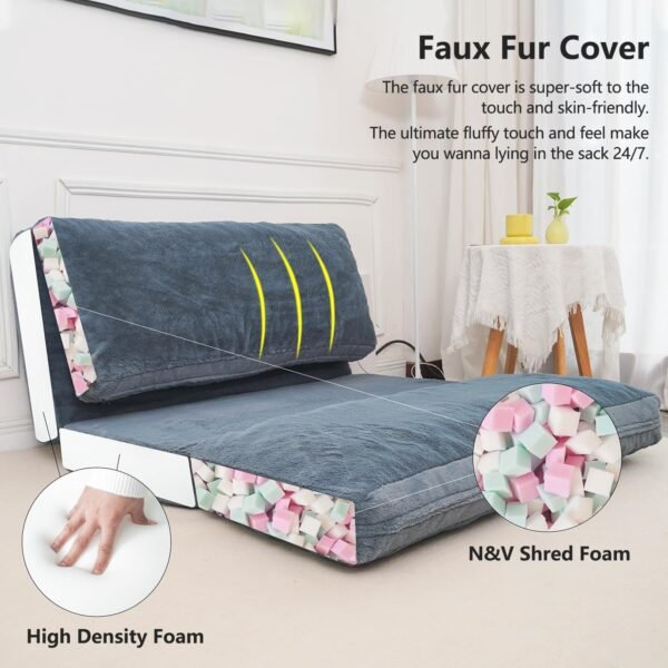N&V Medium Folding Matress Sofa Bean Bag Bed, Foam Filling Folding Matress Sofa, Includes Removable and Machine Washable Cover, Soft Premium Faux Fur, Medium, Blue - Image 6