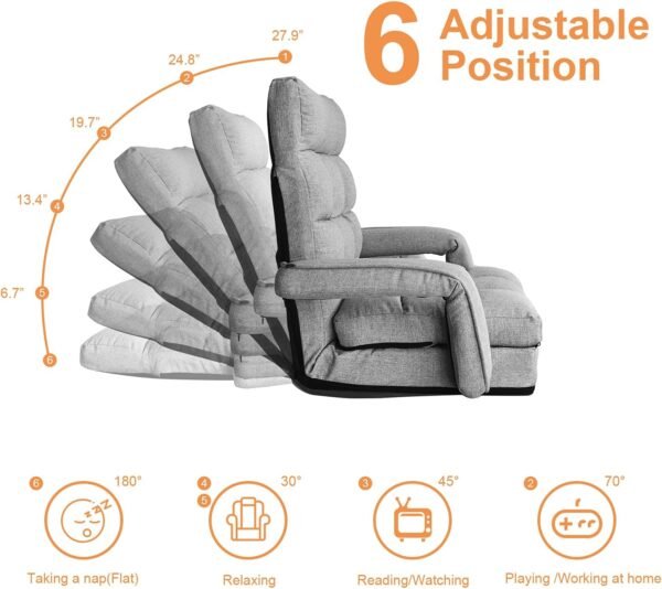 WAYTRIM Indoor Chaise Lounge Folding Sofa Bed, 6-Position Padded Lounger With Armrests and Pillow - Gray - Image 3