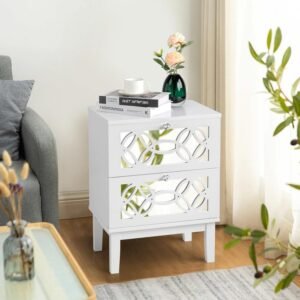 VINGLI White Nightstand, Modern Nightstand with Mirror Front Drawers, Bed Side Table/Night Stand, Wood Nightstand, Mirrored Nightstand with Drawer for Bedroom, College Dorm, Kids’ Room, Living Room