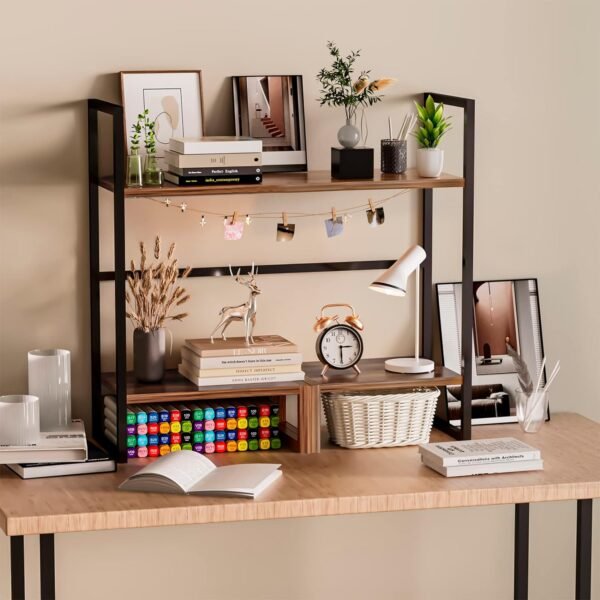 Computer Desktop Bookshelf, 2 Tier Countertop Hutch Display Shelf with Various Installation Methods, Desk Hutch Storage Organizer for Dorm Office Home, Rustic Style (Brown) - Image 7