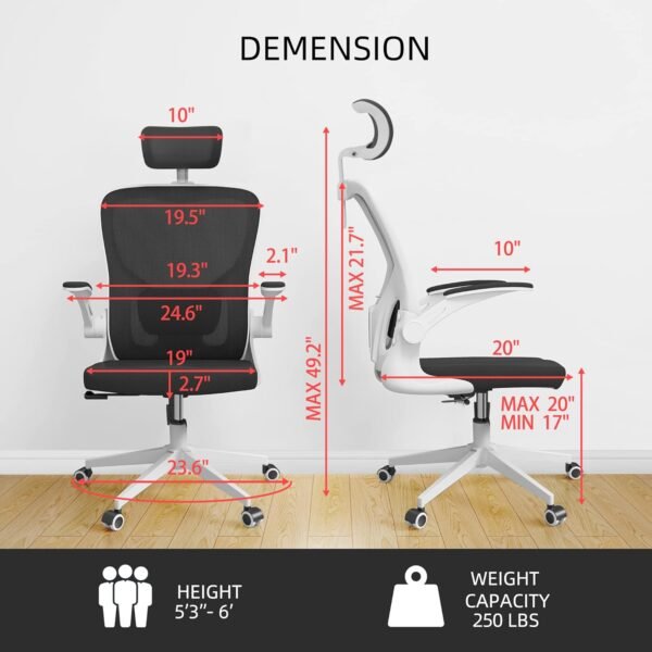 Ergonomic Office Chair, High Back Mesh Computer Desk Chair with Flip-up Arms, Adjustable Lumbar Support & Headrest, Swivel Rolling Task Chair for Home Office, Bedroom, Study, College Dorm（White&Black - Image 2