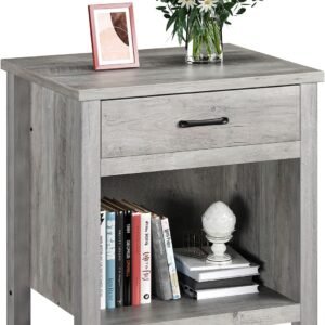 GAOMON Rustic Grey Nightstand, Farmhouse End Table Beside Table with Storage Drawer, Modern Night Stand for Bedroom, Wood Side Table for Living Room, College Dorm