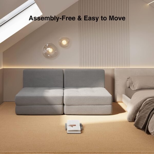 Aiho Folding Sleeper Sofa Chair Bed, Memory Foam Floor Couch, Modern Linen Fabric Removable Cover, for Living Room/Apartment/Dorm/Loft (Light Grey) - Image 4