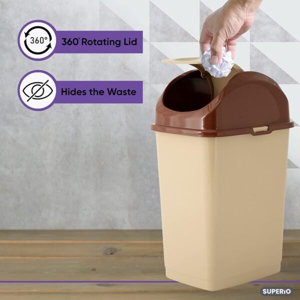 Superio Medium Trash Can with Lid 4.5 Gallon Plastic Swing Top Garbage Can Slim Waste Bin for Under Sink/Cabinet, Laundry Room, Kitchen, Office, Bedroom, Bathroom, College Dorm, 18 Qt, Beige, 2 - Image 6