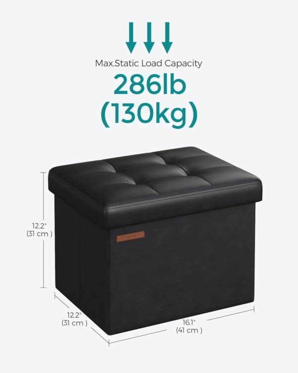 SONGMICS Small Folding Storage Ottoman, Foot Rest Stool, Cube Footrest, Synthetic Leather, 12.2 x 16.1 x 12.2 Inches, 286 lb Capacity, for Living Room, Bedroom, Dorm, Ink Black ULSF100B01 - Image 2