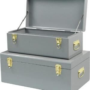 Vixdonos Metal Trunk Decorative Storage Box Set of 2 College Dorm Chest with Handle (Gray)