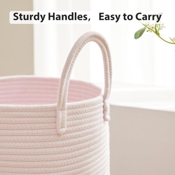 Cotton Rope Laundry Hamper by Fiona's magic, Tall Woven Laundry Basket Storage, Baby Nursery Hamper for Blankets, Toys and Clothes Hamper for Bedroom and Living Room Organizing, 58L, Pink - Image 3