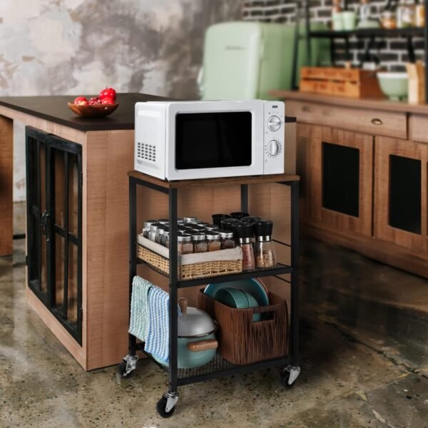 LIANTRAL 3 Tier Rolling Cart, Brown Kitchen Carts on Wheels with Storage, Multifunctional Utility Cart for Kitchen, Bathroom, Living Room, Bar, Office - Image 3