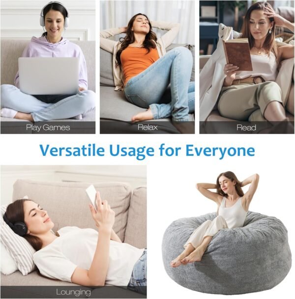 WhatsBedding 5 ft Memory Foam Bean Bag Chairs for Adults/Teens with Filling,5' Bean Bag Sofa with Ultra Soft Dutch Velvet Cover,Round Bean Bag for Living Room,5 Foot,Light Grey - Image 5