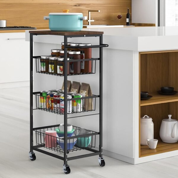 Kitchen Storage Cart on Wheels 4 Tier Utility Rolling Cart with Baskets Farmhouse Serving Cart with Handle Mesh Basket Pantry Cart Rack with Wooden Tabletop for Pantry Bathroom Office, Brown - Image 3