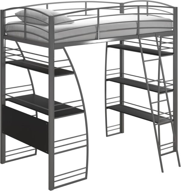 DHP Studio Loft Bunk Bed Over Desk and Bookcase with Metal Frame, Twin, Gray Gray - Image 6