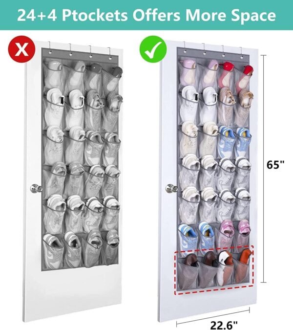MISSLO 28 Large Pockets Hanging Shoe Rack Door Shoe Organizer Hanging Shoe Storage Hanger for Closet Mesh Holder, Grey - Image 3